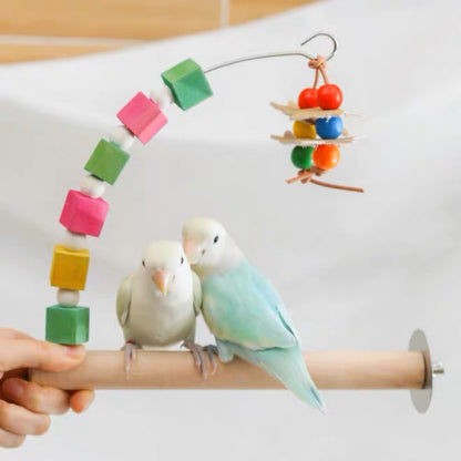 Rainbow Wooden Stand Perch with Hanging Toy Handmade Bird Parrot Toys Organic Bird Cages Accessories