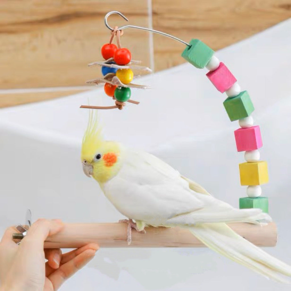 Rainbow Wooden Stand Perch with Hanging Toy Handmade Bird Parrot Toys Organic Bird Cages Accessories