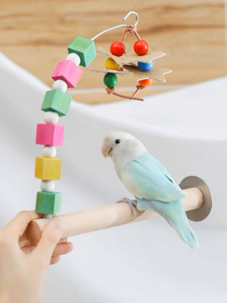 22cm Rainbow Wooden Stand Perch with Hanging Toy Handmade Bird Parrot Toys Organic Bird Cages Accessories