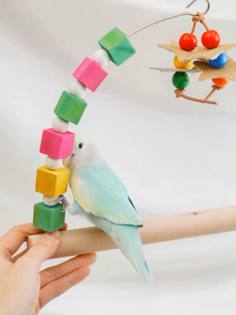 22cm Rainbow Wooden Stand Perch with Hanging Toy Handmade Bird Parrot Toys Organic Bird Cages Accessories