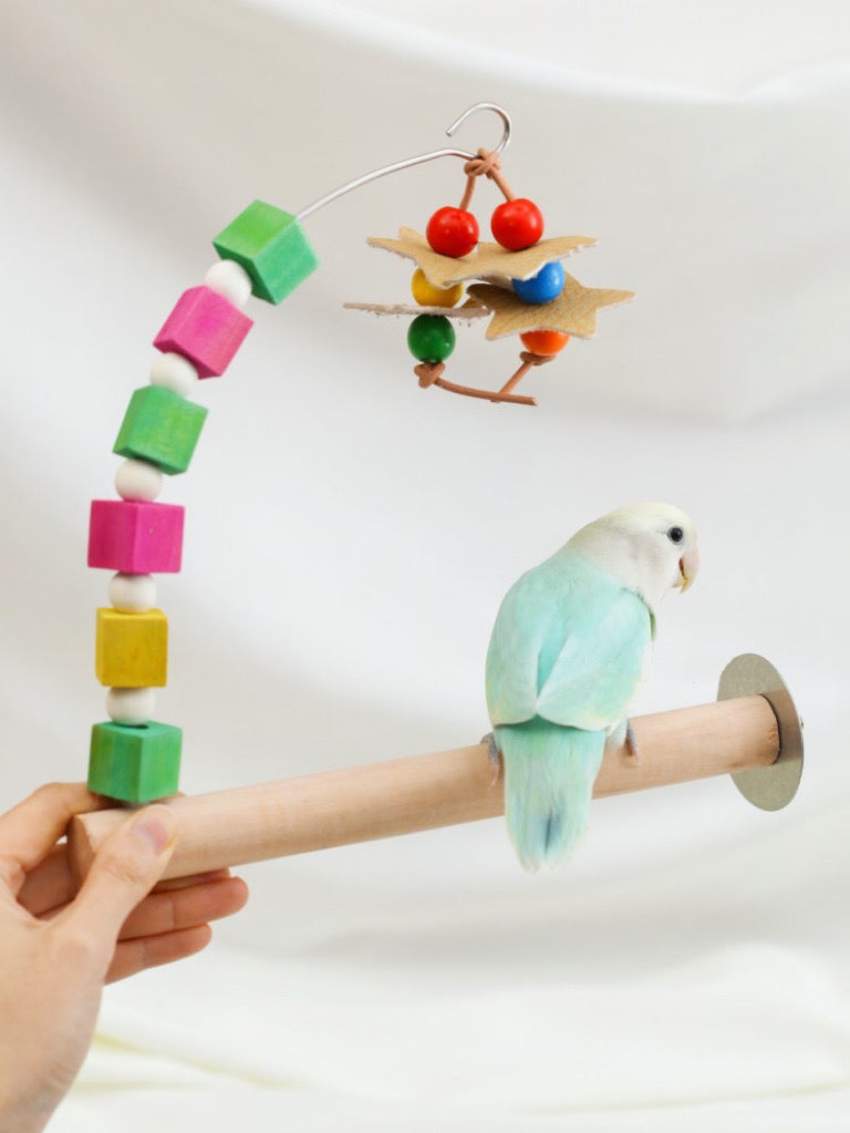 22cm Rainbow Wooden Stand Perch with Hanging Toy Handmade Bird Parrot Toys Organic Bird Cages Accessories