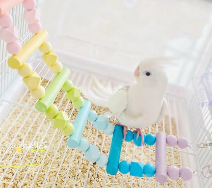 Parrot Pastel Rainbow Ladder Climbing Toy With Natural Wood Hanging